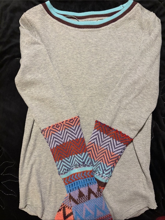We The Free Tops - We The Free Gray Knit Pullover with Multicolor Patterned Cuffs